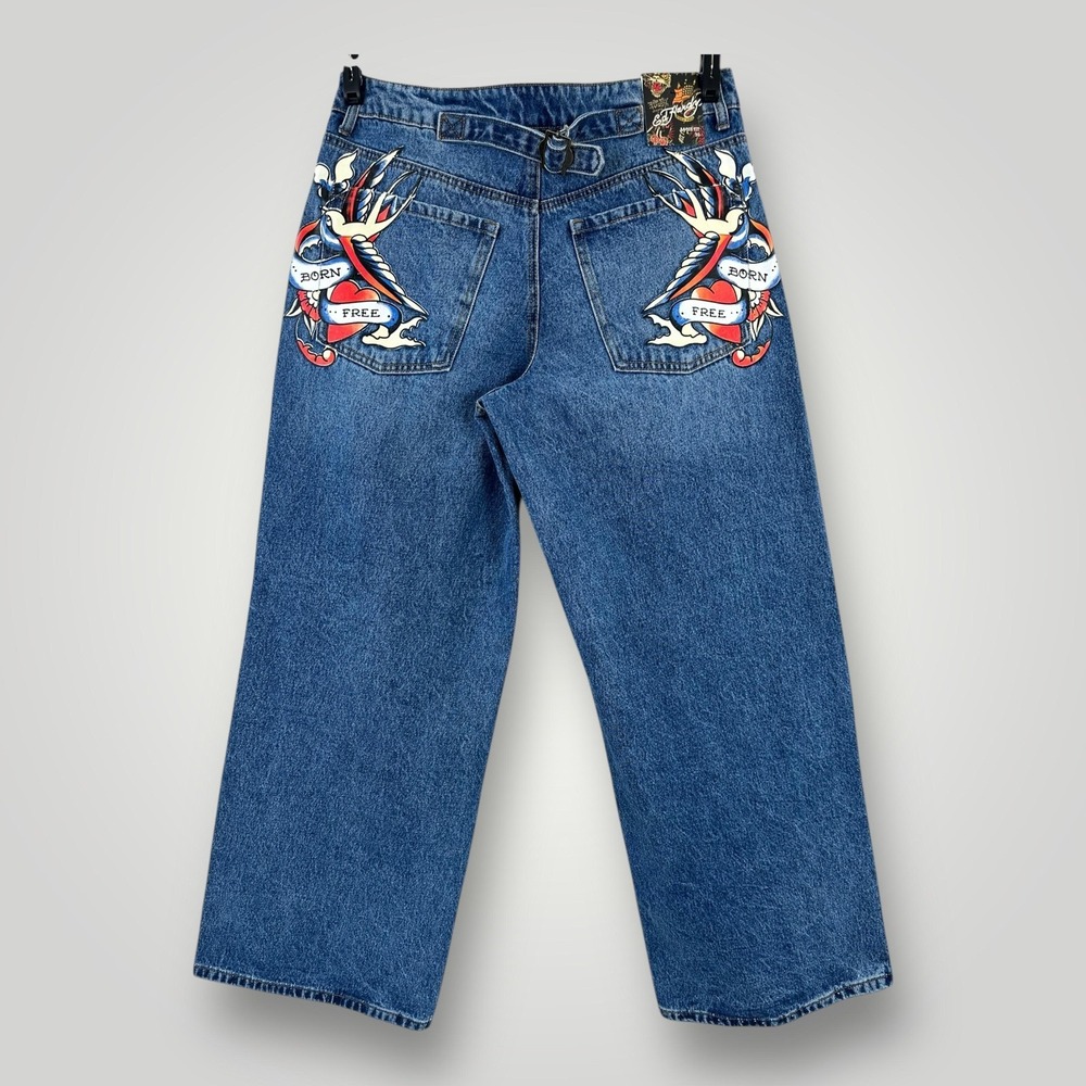 NEW Ed Hardy Jeans Womens 32 Blue Med Wash Loose Wide Leg High Rise Born Free